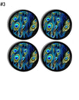 4 Blue peacock bird feather decorated dresser drawer handles. Exotic, eclectic boho cabinet knobs.