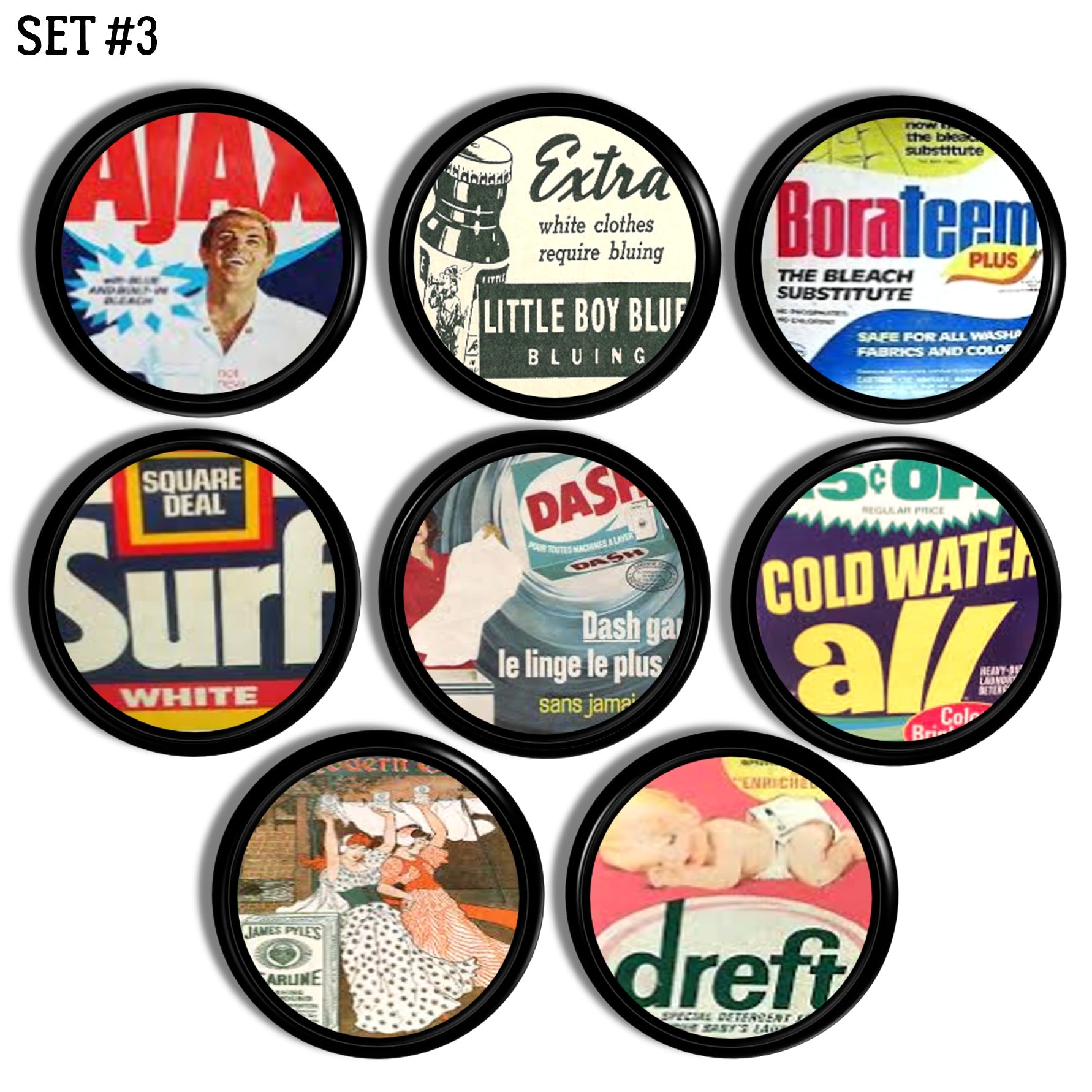 Set of 8 knobs. Decorative cupboard hardware in antique 1950s adverts for washing detergents like Ajax, All, Surf, Dreft