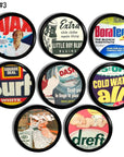 Set of 8 knobs. Decorative cupboard hardware in antique 1950s adverts for washing detergents like Ajax, All, Surf, Dreft