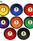 Handcrafted cabinet knobs - set of full solid billiard ball graphics — includes the iconic black 8 ball.
