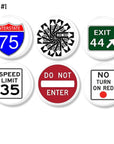 6 Traffic sign themed dresser drawer pulls. Handmade knobs with interstate and road signs for garage or boys room.