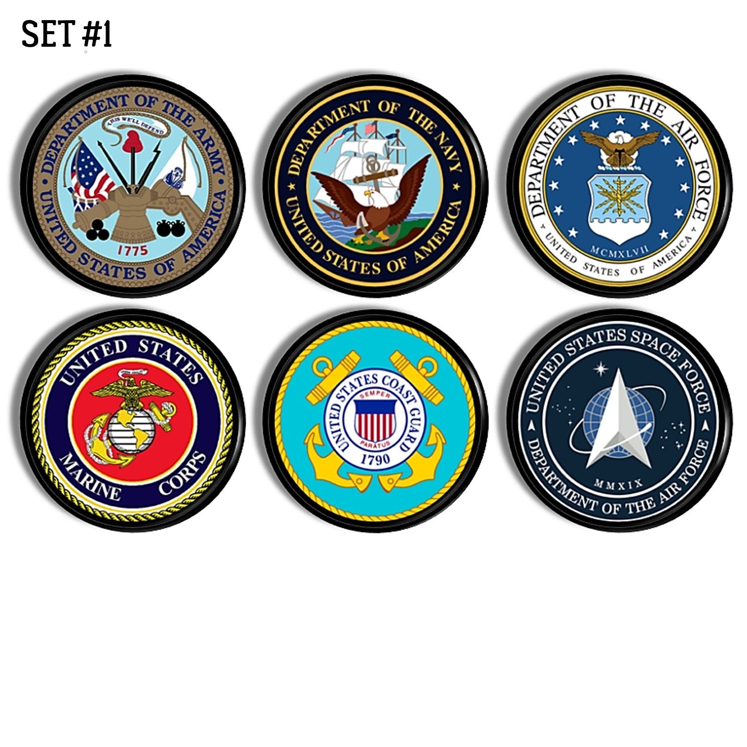 Cabinet and furniture knobs featuring each of the 6 branches of the United States Armed Forces; Army, Navy, Air Force, Marine Corps, Coast Guard and Space Force. Made on a black drawer pull.