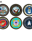 Cabinet and furniture knobs featuring each of the 6 branches of the United States Armed Forces; Army, Navy, Air Force, Marine Corps, Coast Guard and Space Force. Made on a black drawer pull.