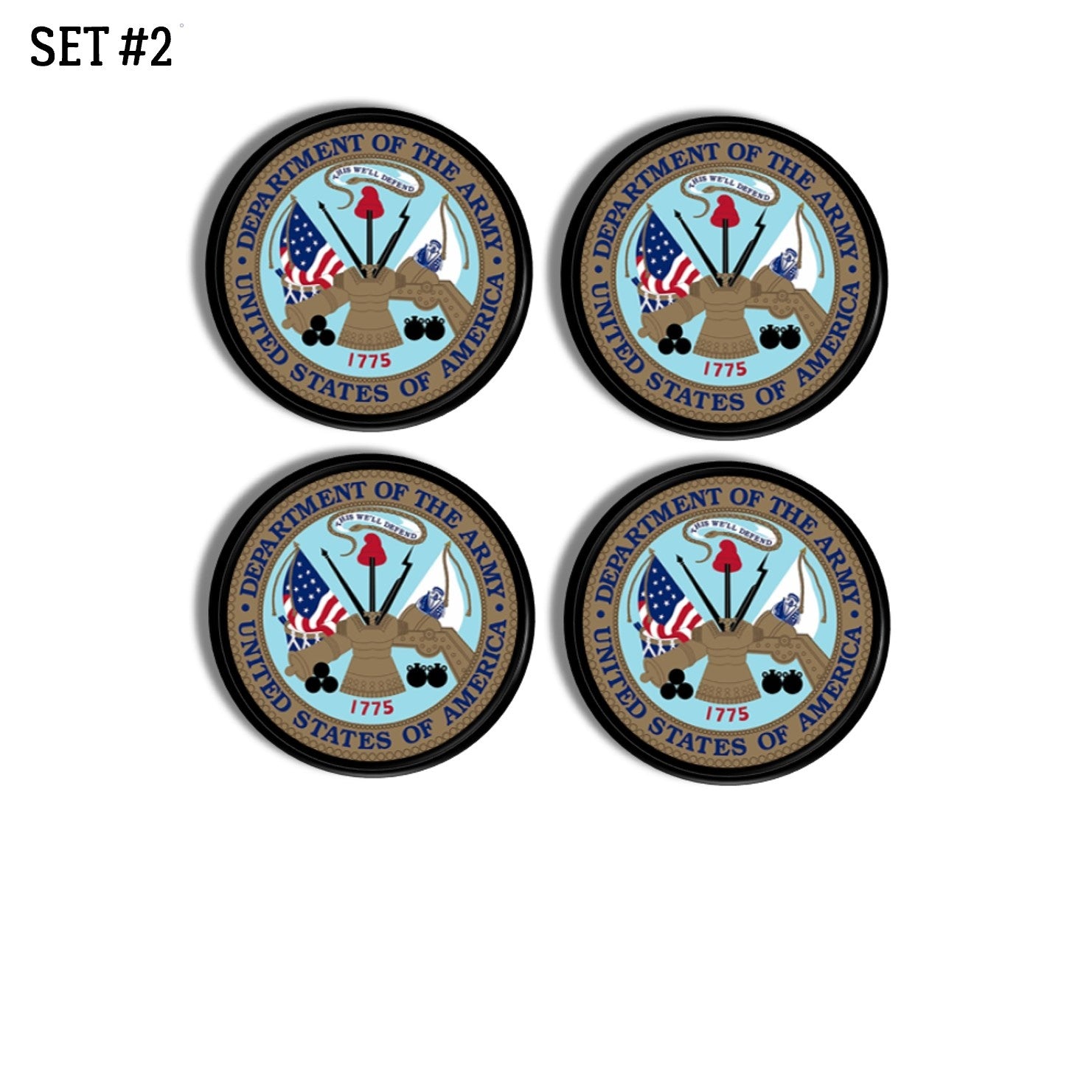 4 Dresser drawer knobs in the United States of America Army logo. U.S. Military theme on black door pull knobs.