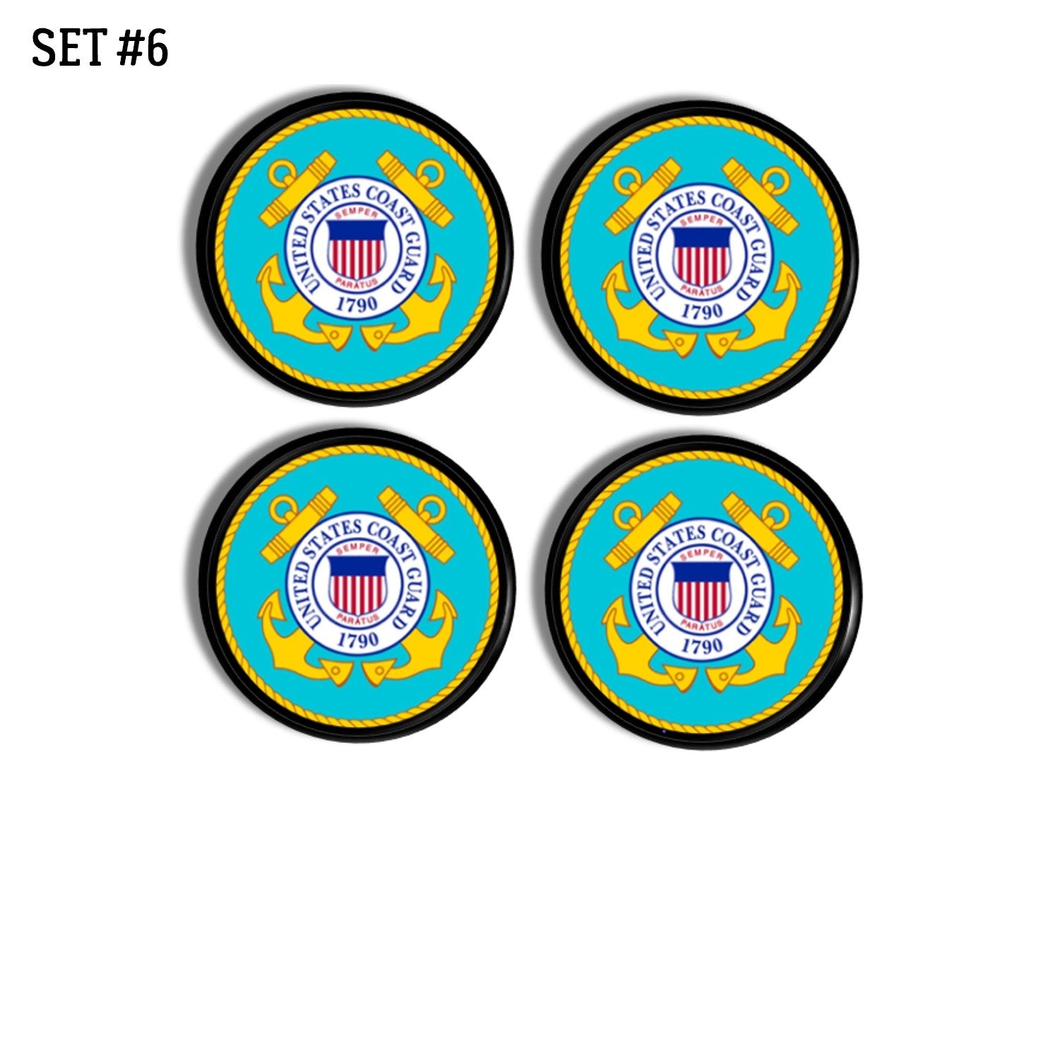 American Coast Guard logo cabinet door handle knob. 4 Black drawer pulls with U.S. military branch logo.