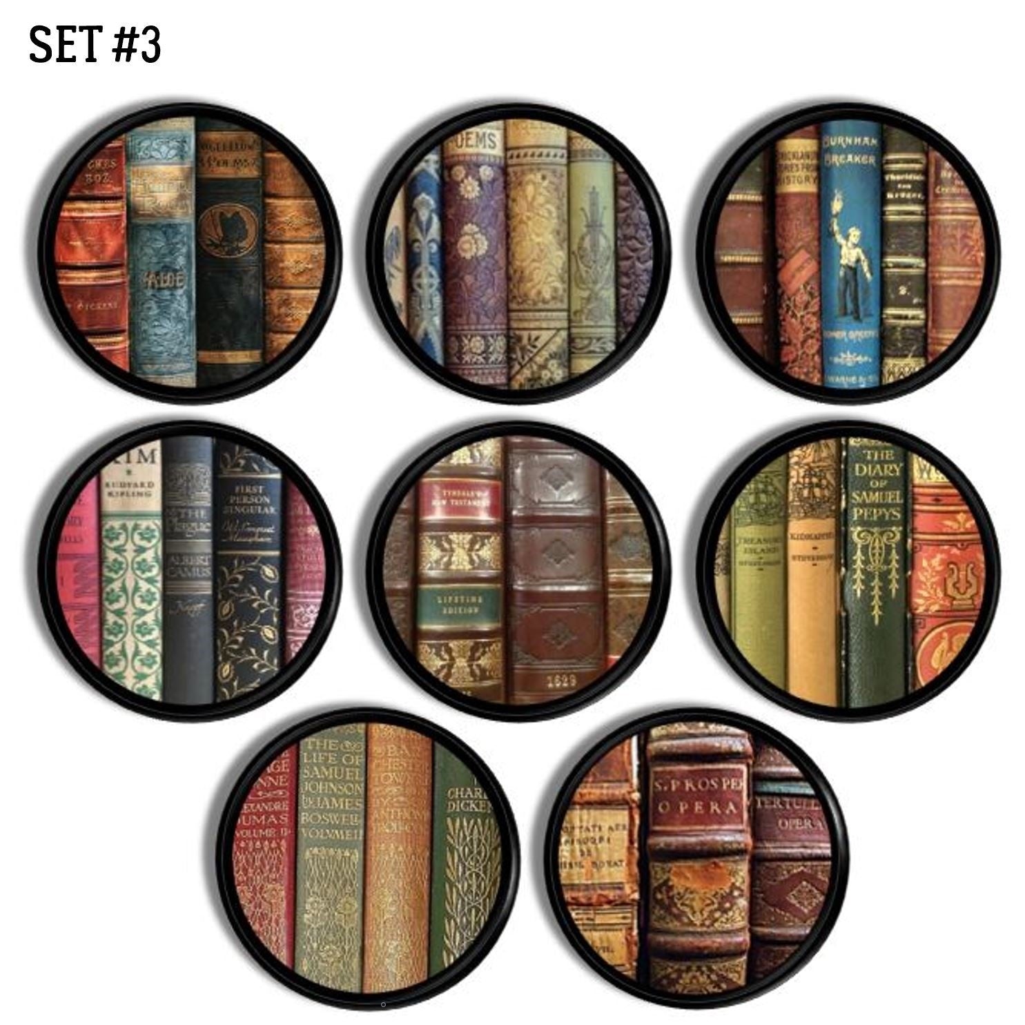 Set of 8 Vintage cabinet hardware for reading nook or office desk. Each knob features a colorful "library" book stack.