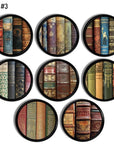 Set of 8 Vintage cabinet hardware for reading nook or office desk. Each knob features a colorful "library" book stack.
