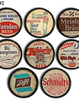 Brewina drawer pull handles in vintage beer coasters for nostolgic collectible pub decor.