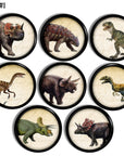 Seven handcrafted cabinet knobs featuring detailed dinosaur illustrations in vintage sketchbook style — showcasing ceratopsians, armored herbivores, and clawed theropods on parchment backgrounds. Ideal for educational drawer pulls in a Jurassic-themed nursery or kids’ study.