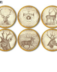 Vintage elk and deer art cabinet knobs. Decorative hardware featuring sepia wildlife illustrations and rustic lodge styling, perfect for cabin décor, farmhouse furniture makeovers, and woodland‑inspired cabinetry