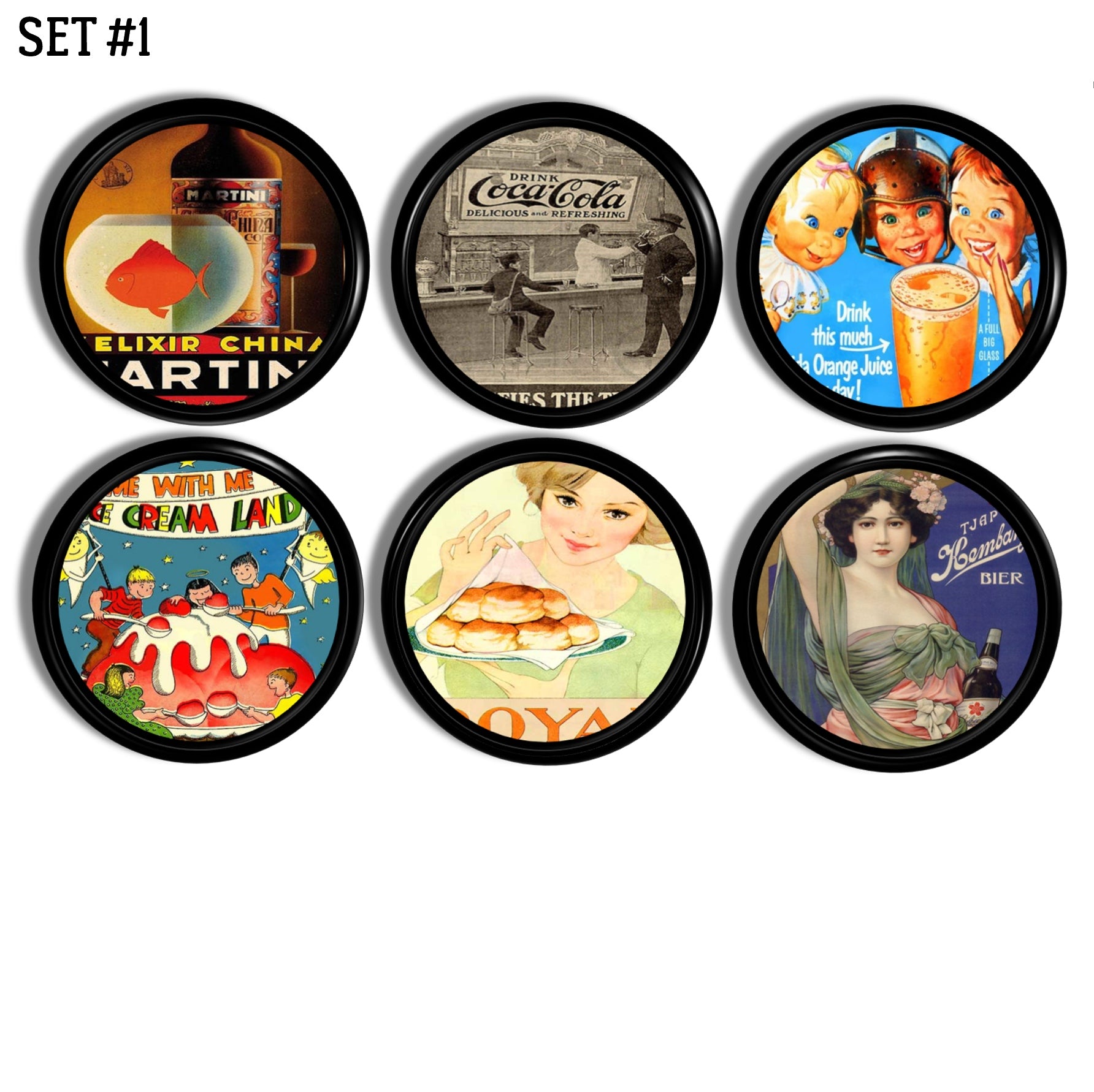 Six decorative black furniture knobs handmade in vintage 1950s food & beverage advertisements