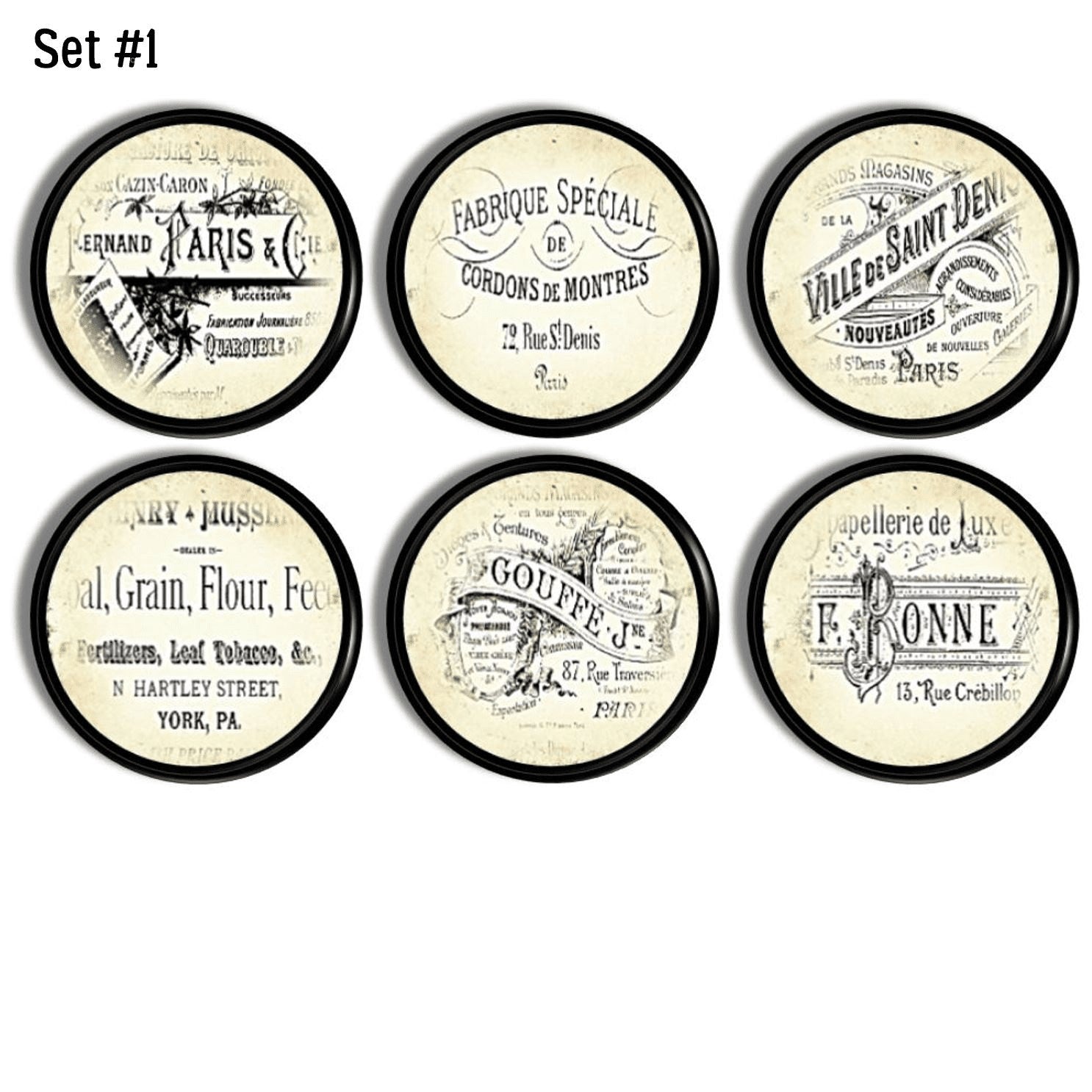 6 Handmade cabinet and drawer pull knobs made in a vintage French botique merchant theme on black base hardware.