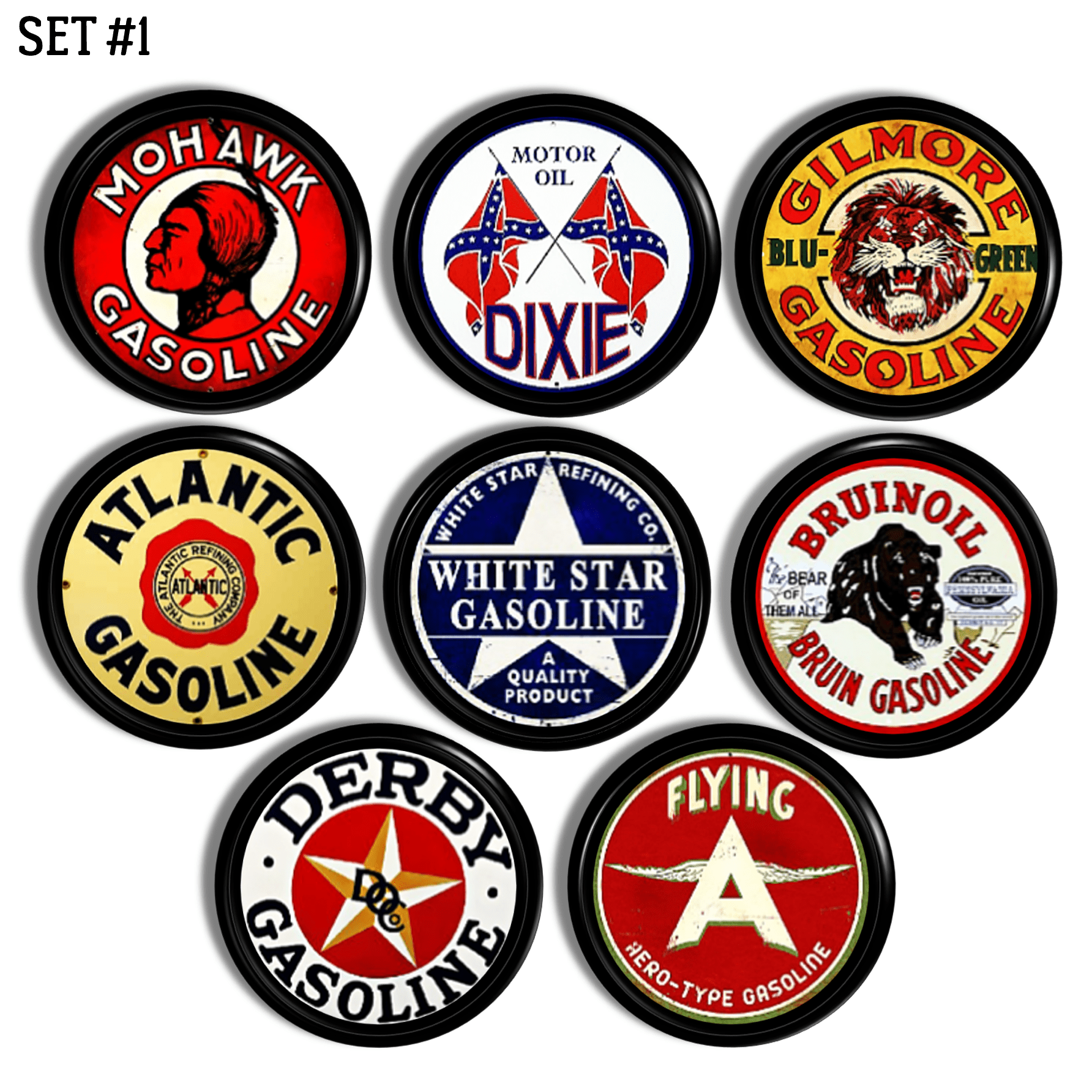 Set of 8 cabinet knobs decorated in vintage gas & oil can labels for workshop, garage, masculine gear head bathroom.
