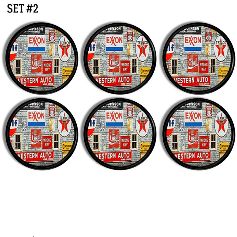 Vintage service station themed knobs for furniture drawer pulls or cabinet knob handles. Decorated in colorful automobile related company logos.
