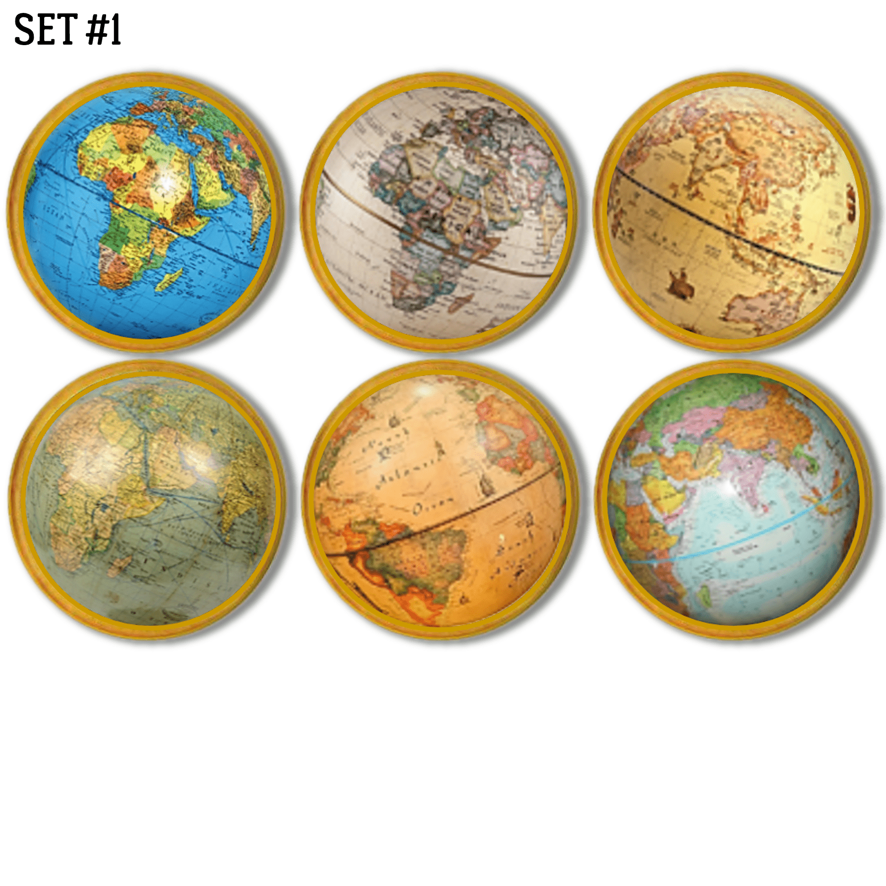 Handmade vintage looking world globe cabinet knobs. Antique style wood drawer pulls.