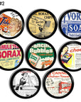 Eight handmade drawer pulls decorated in old retro household laundry product magazine advertisements from the 50s.
