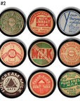 Rustic cabinet drawer pull set featuring colorful vintage milk cap designs — farm-fresh slogans and retro dairy branding.