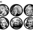 6 dresser knobs in Marilyn Monroe theme. Black white Hollywood glam monochrome cabinet drawer pulls.