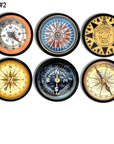 Six handmade pulls. Vintage old world looking ship compasses on black knobs for cabinets, cupboards and furniture handles.
