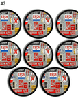 8 black drawer pulls decorated with an image of vintage signs on an old whight washed garage wall. Company logos such as Exxon, Coke, Texaco and Gulf.