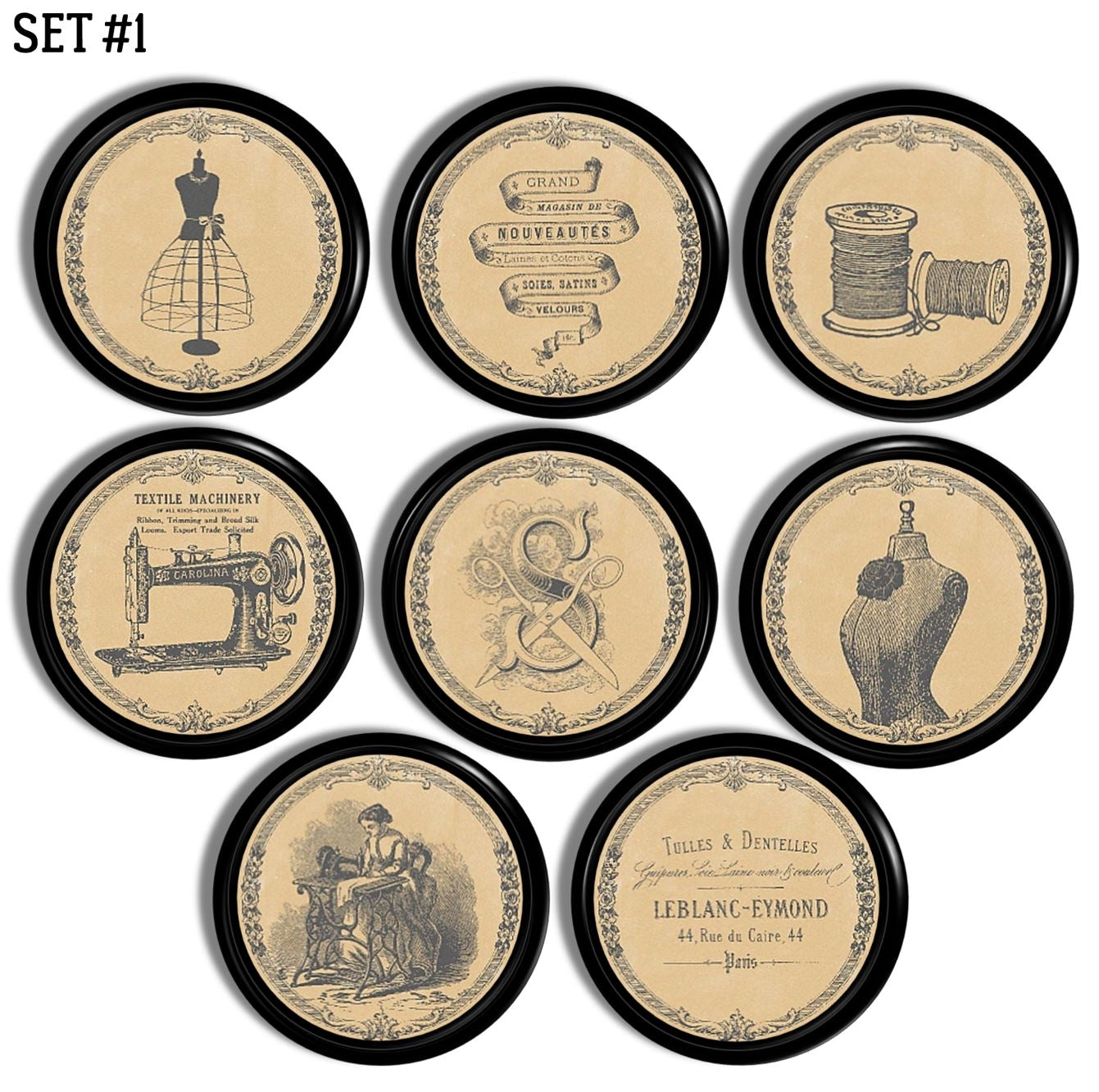 Set of 6 vintage sewing cabinet knobs featuring thread label and dressmaker ad designs