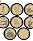 Set of 6 vintage sewing cabinet knobs featuring thread label and dressmaker ad designs