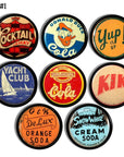 Set of 8 decorative drawer pulls in an eclectic assortment of colorful vintage soda pop bottle cap favorites.