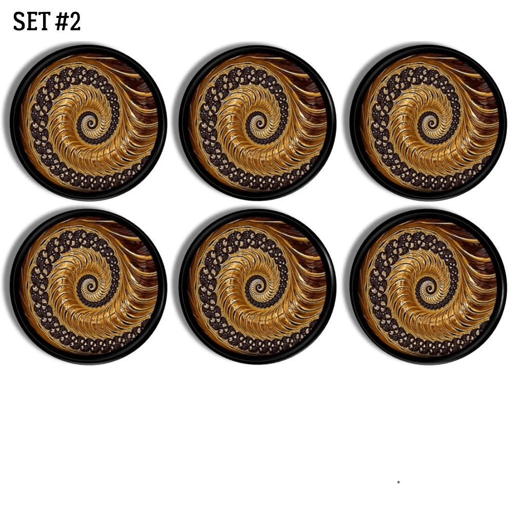 6 ornamental dresser drawer pulls. Brown gold spiral illusion decorative cabinet door knobs.