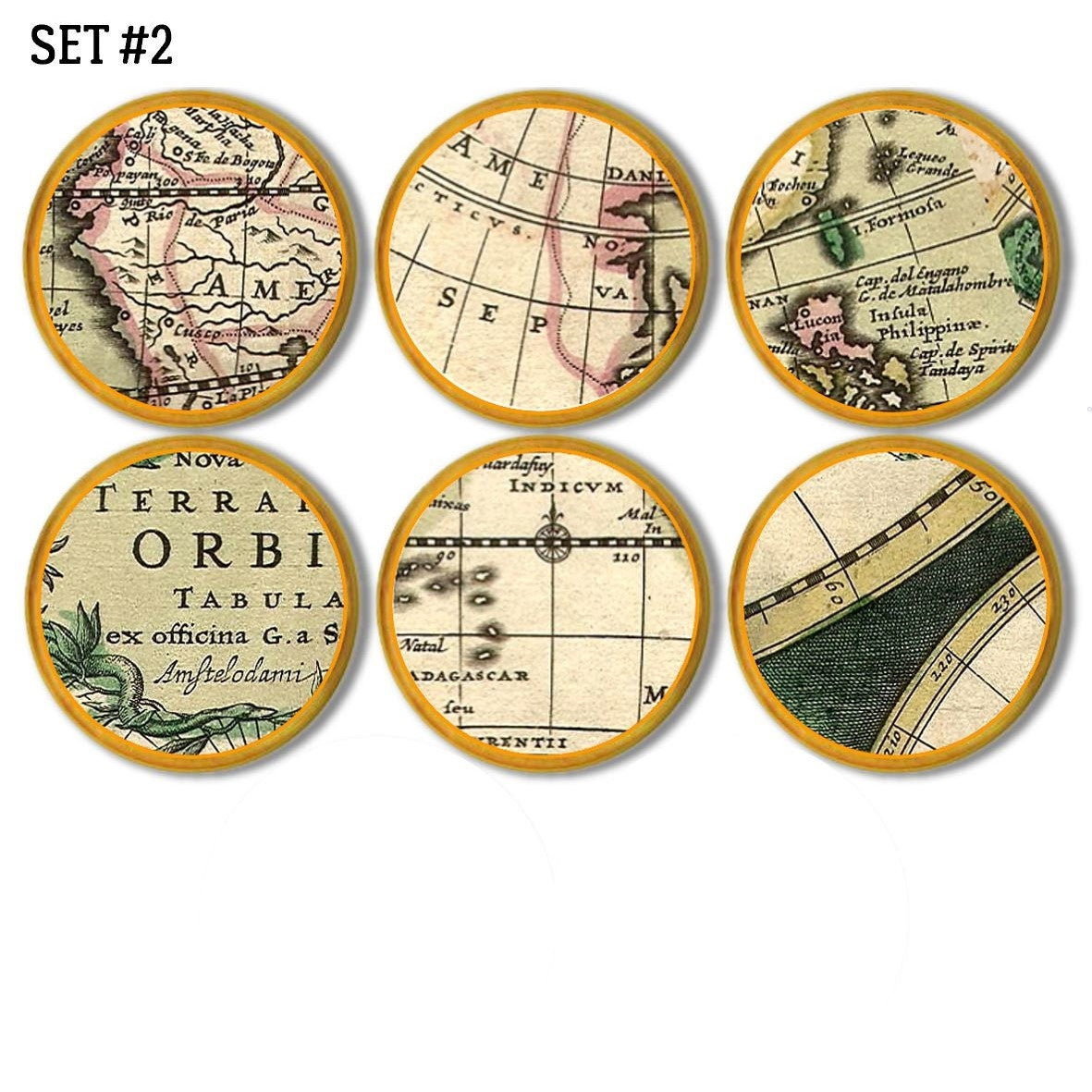 Six wooden old world nautical map furniture drawer pulls. Mens desk, file cabinet or peg wall hook.