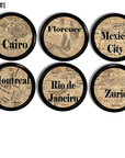 Six vintage world city map cabinet knobs featuring Cairo, Florence, Mexico City, Montreal, Rio de Janeiro, and Zurich in warm sepia tones with bold typography.