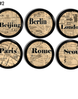 Decorative furniture knobs decorated in world city destination maps for Beijing, Berlin, London. Paris and Rome