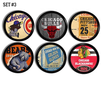 Decorative vintage Chicago sports cabinet knobs. Drawer pulls for Bulls, Blackhawks, Bears and Cubs fan decor.