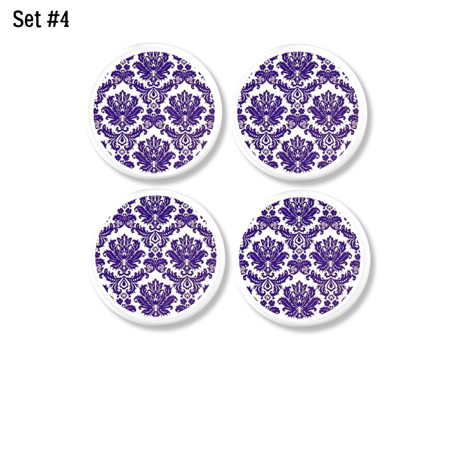Decorative white cupboard knobs in a regal purple damask wallpaper theme. An elegant touch to upcycle antique furniture. Handmade drawer pulls for cupboard and cabinets.
