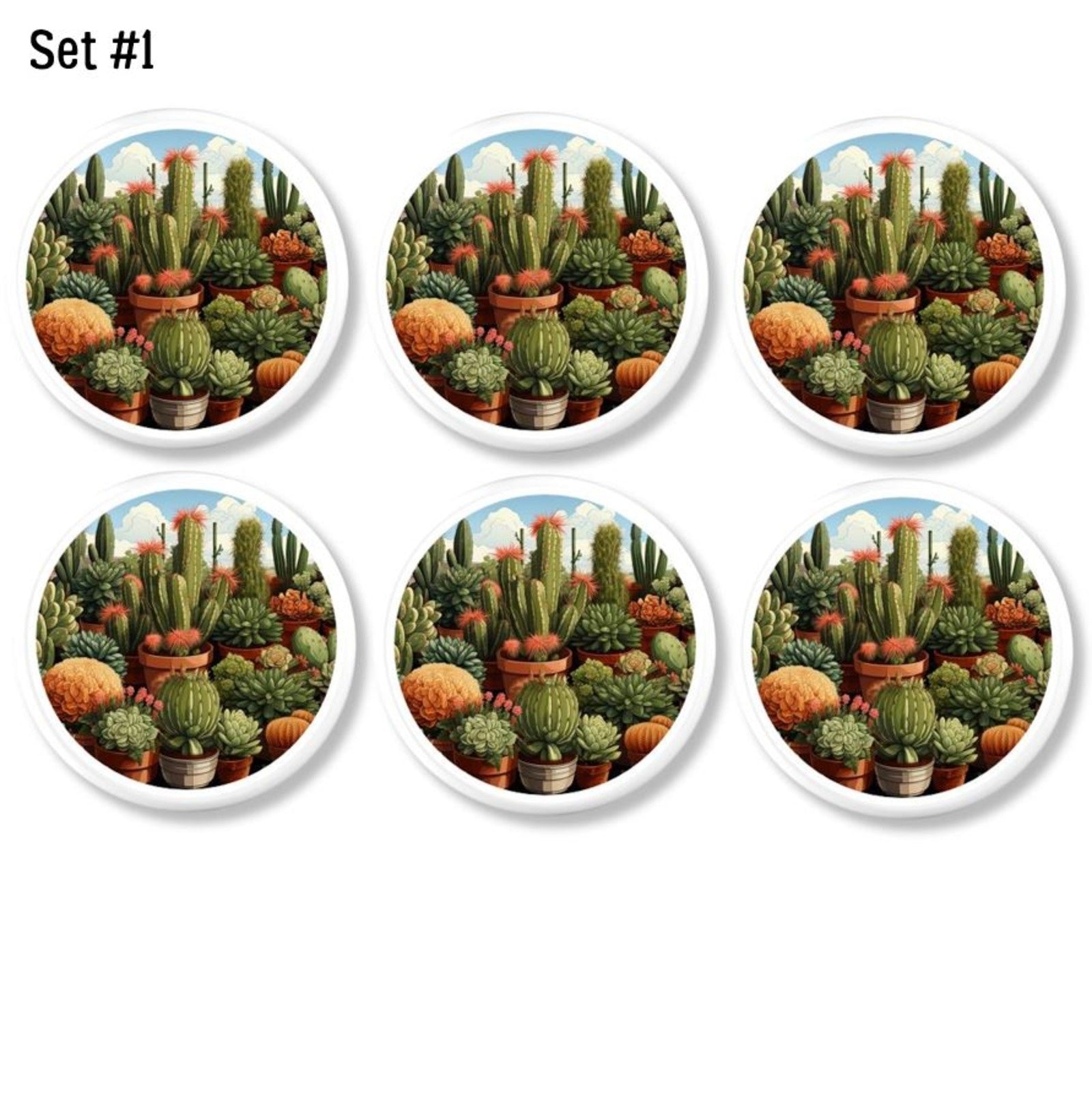 6 White cabinet drawer pulls decorated with a garden of potted cacti with blue skies in the background. Country Western decorative furniture handles.