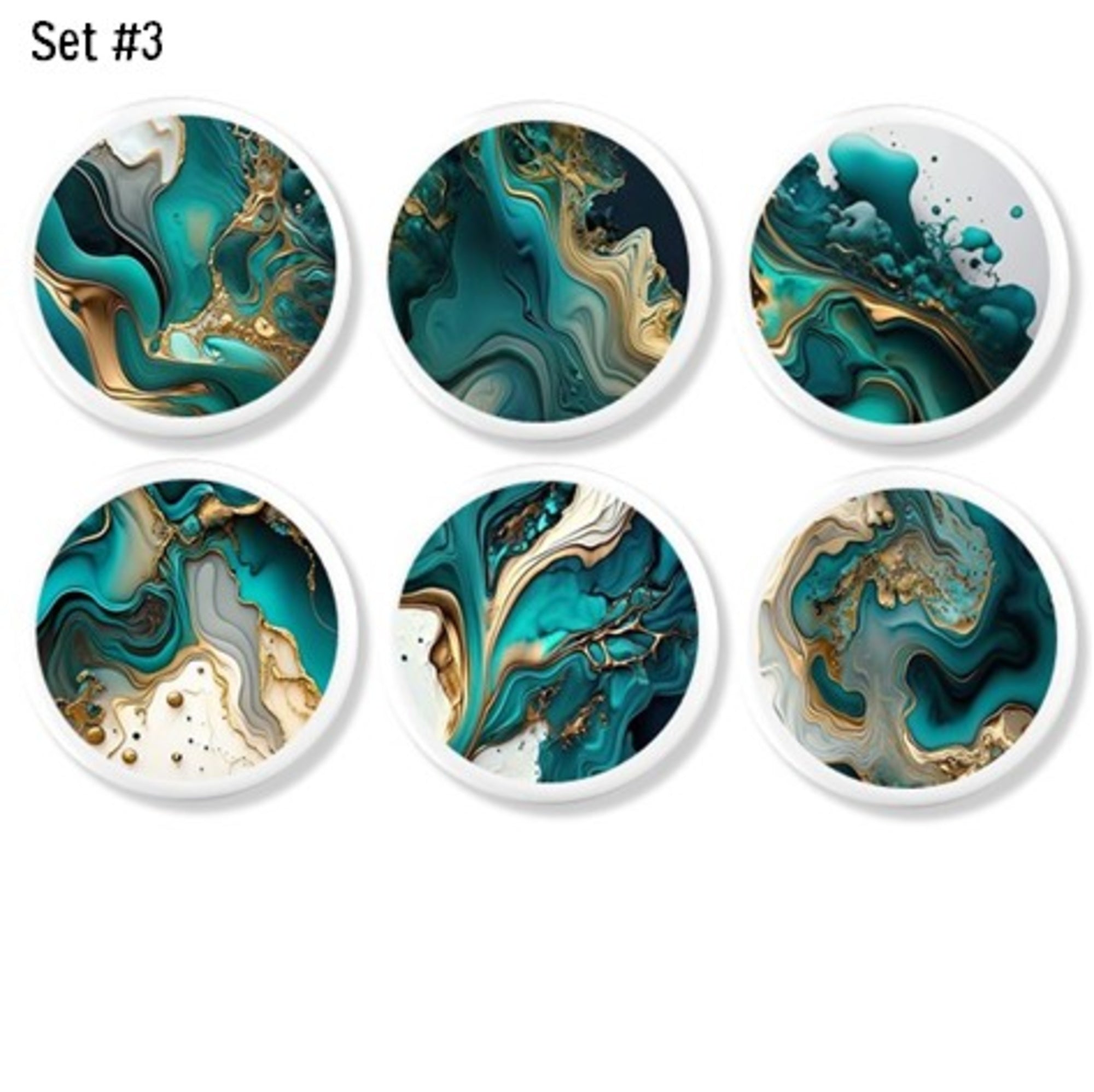 Cabinet knob featuring abstract alcohol ink design in turquoise, gold, and black