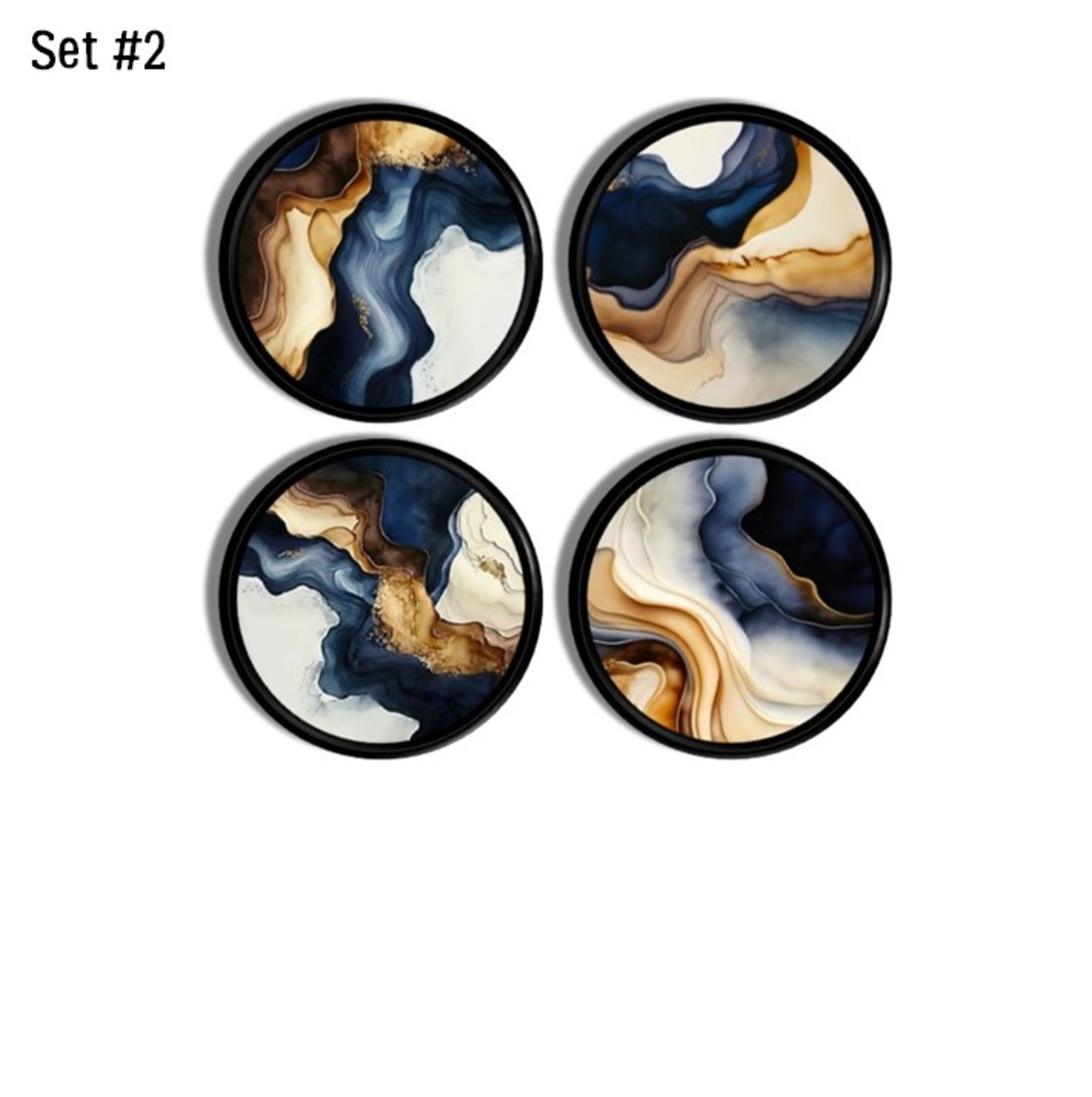 Four abstract marble cabinet knobs with blue, beige, white, and brown fluid swirl patterns on a black base, designed for minimalist, neutral, modern rustic, transitional, and contemporary décor.