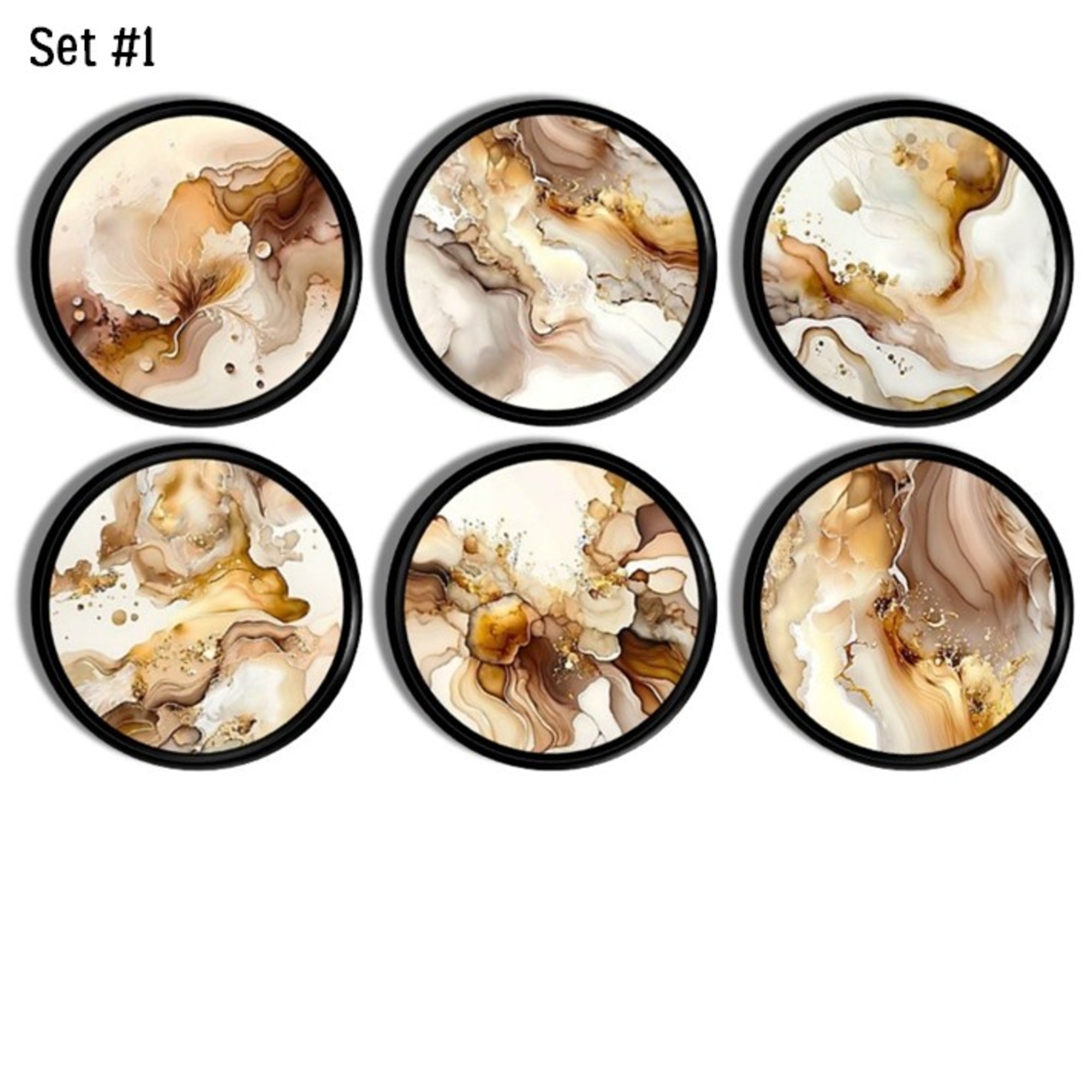 Six handcrafted abstract marble cabinet knobs with brown, beige, white, and gold fluid swirl patterns on a black base, designed for neutral, modern rustic, organic modern, transitional, and contemporary décor.
