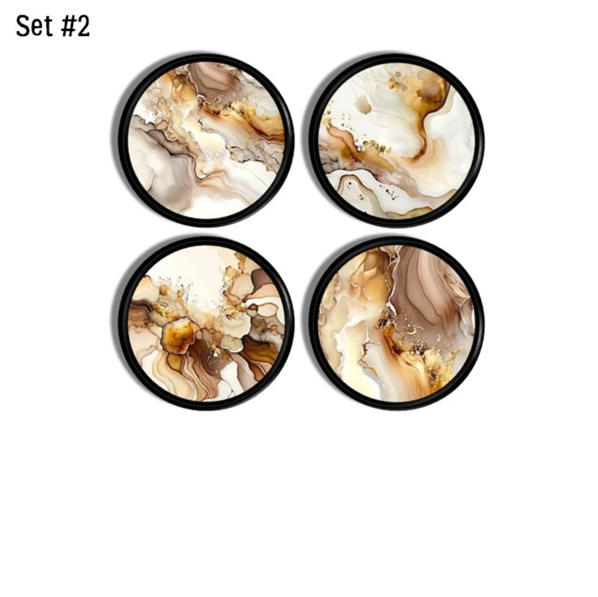 Four abstract marble cabinet knobs and drawer pulls with brown, beige, white, and gold fluid swirl patterns on a black base, designed for neutral, minimalist, warm contemporary, earthy boho, and nature‑inspired décor.