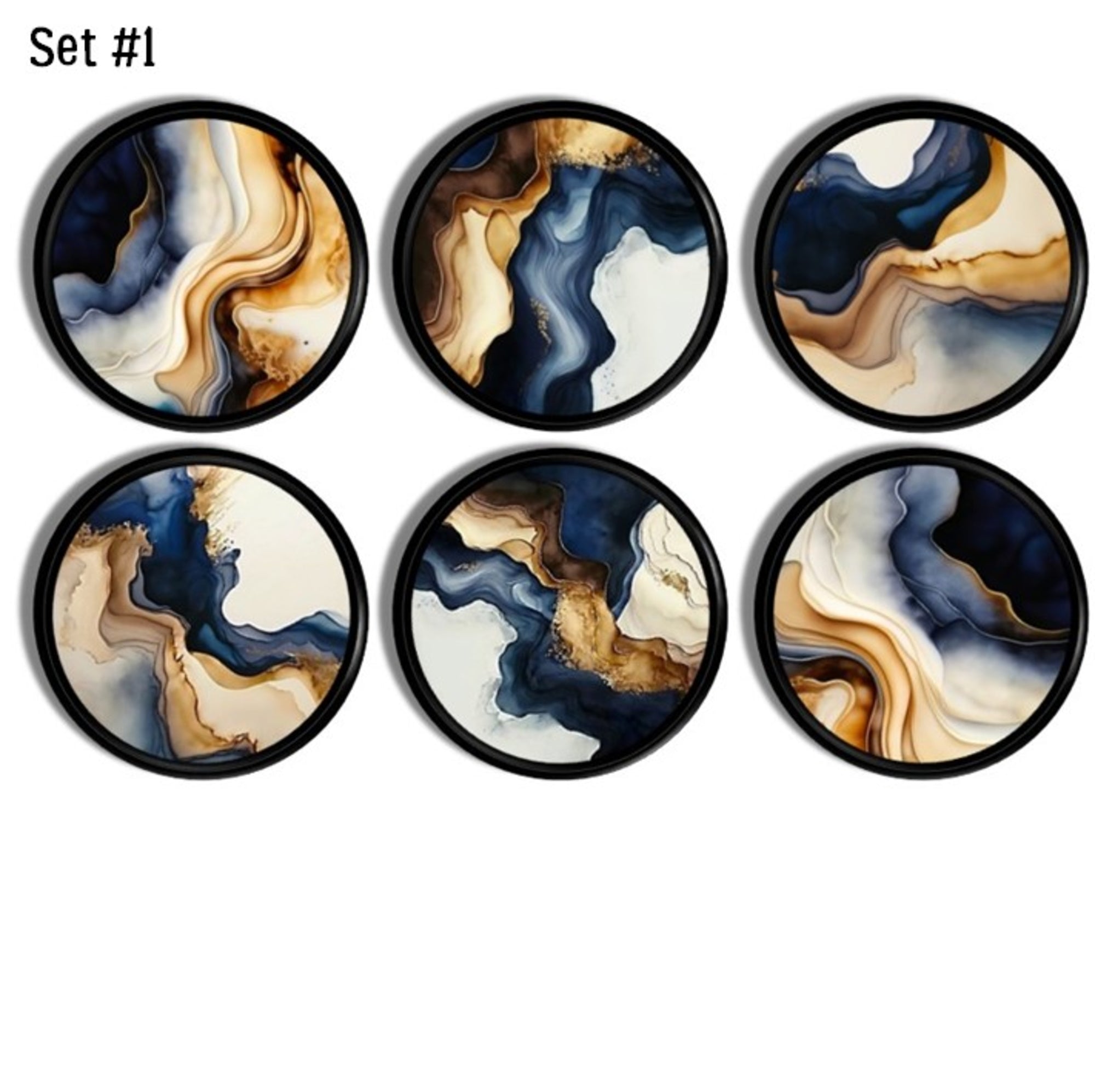 Six abstract marble cabinet knobs with navy, beige, white, and brown fluid swirl patterns on a black base, designed for modern, coastal, moody, organic modern, and soft industrial décor.