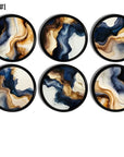 Six abstract marble cabinet knobs with navy, beige, white, and brown fluid swirl patterns on a black base, designed for modern, coastal, moody, organic modern, and soft industrial décor.