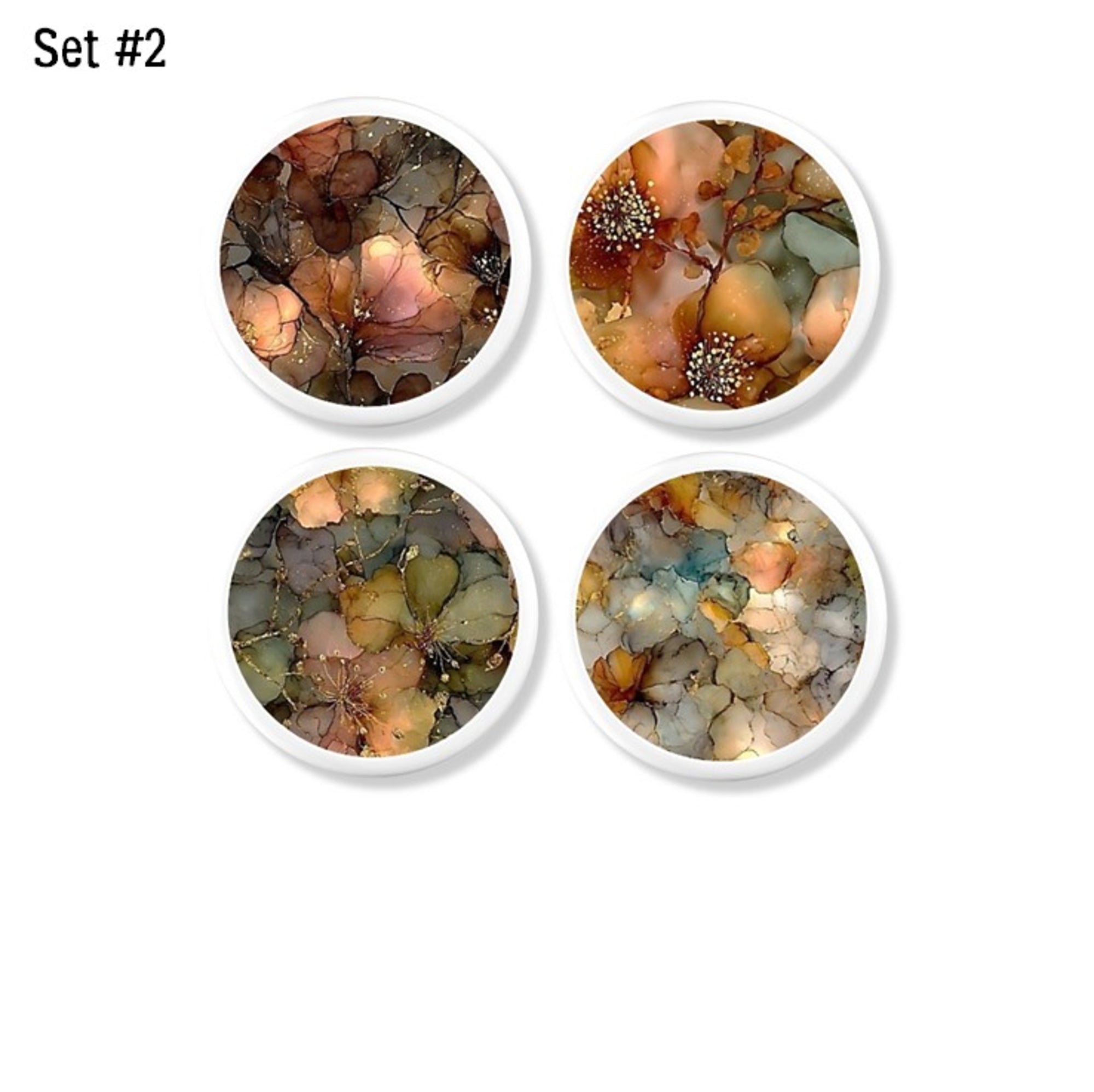 A four‑piece abstract floral cabinet knob set featuring defined petal‑like shapes, fine vein detailing, and warm botanical tones. Each knob highlights expressive floral forms with richer contrast and more structured ink patterns, creating an artistic modern boho look ideal for dressers, cabinets, and eclectic home décor.