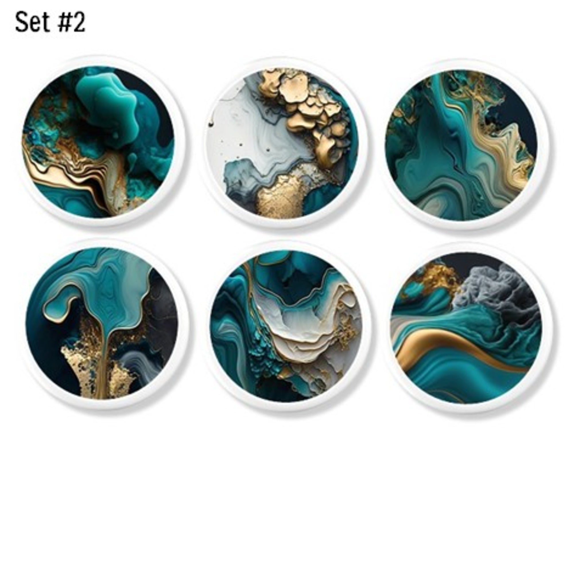 Handmade cabinet knob with teal and gold alcohol ink swirl design