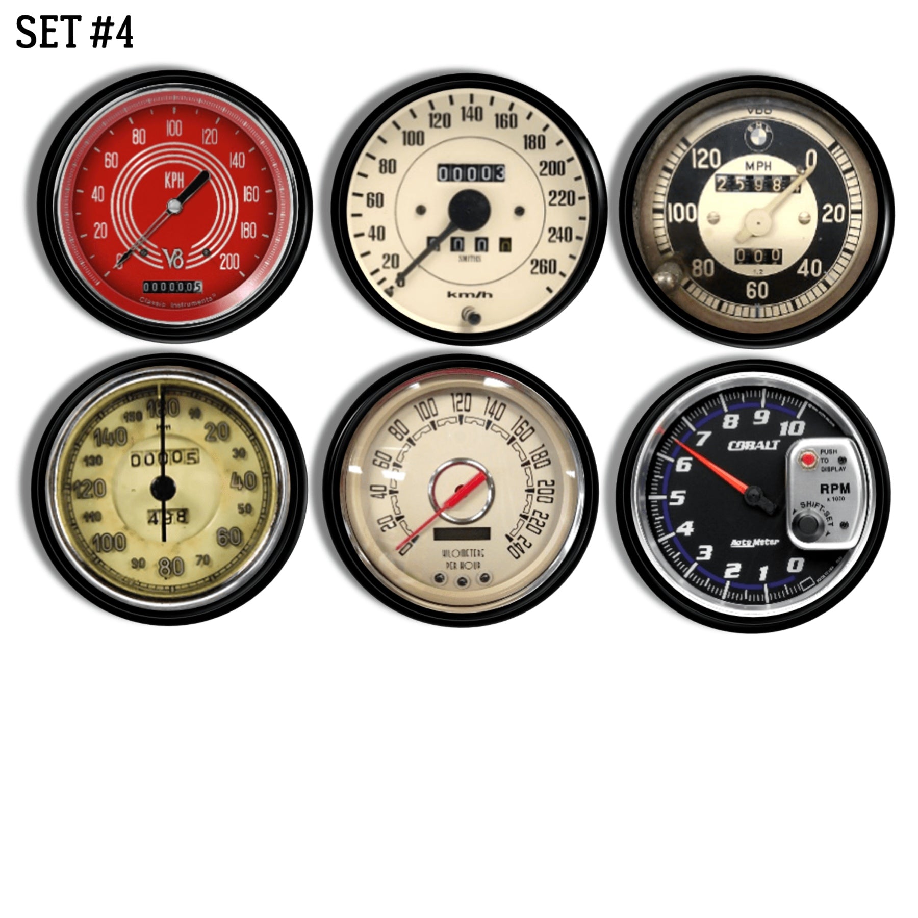 Set of 6 auto-themed drawer knobs styled after car dashboard instruments, featuring vintage and modern speedometers, redline RPM meters, a BMW-inspired gauge, and KPH/MPH dials for global flair