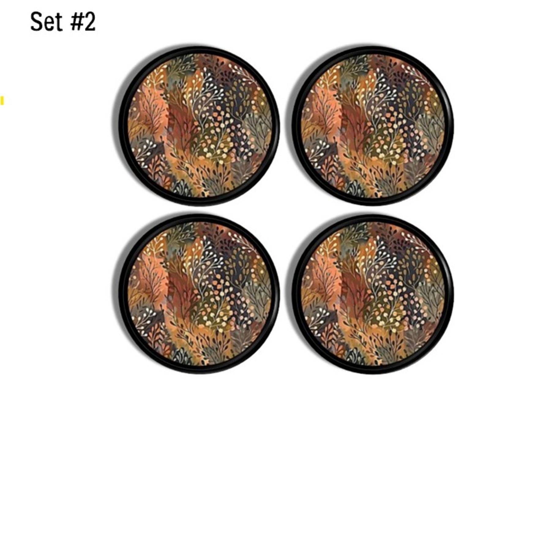 Set of 4 botanical cabinet knobs featuring layered autumn foliage and dotted accents in warm earth‑tone hues, ideal for earthy modern, Scandi‑natural, rustic‑refined, and warm maximalist décor