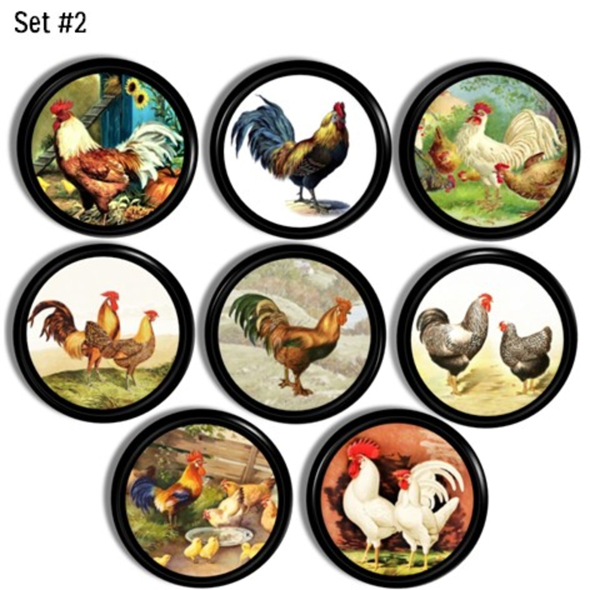 Cabinet knob set featuring vintage illustrations of roosters, hens, and chicks — rustic farmyard scenes and colorful plumage.