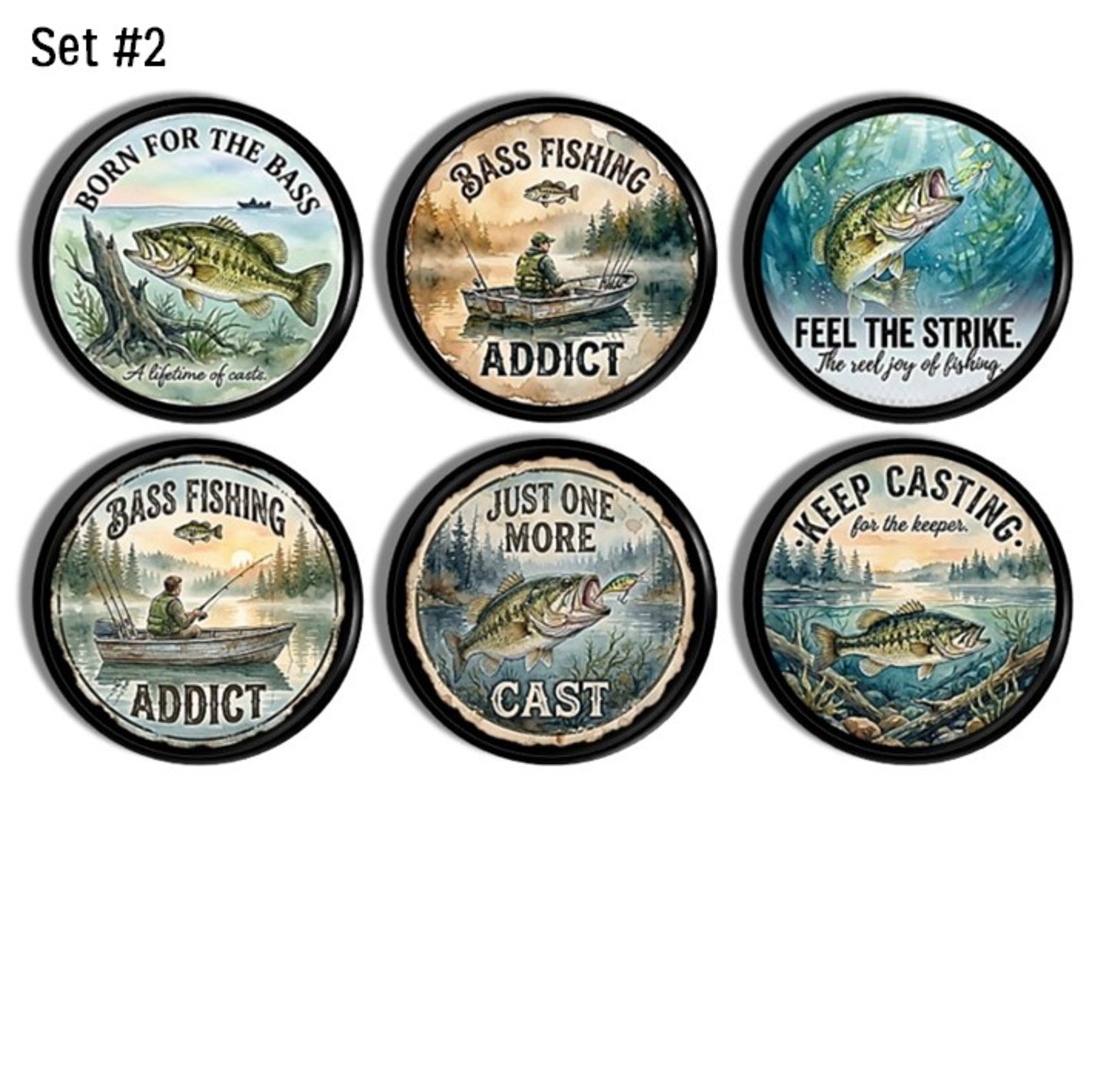 Six bass‑fishing cabinet knobs featuring bold catch‑themed scenes and angler sayings, ideal decorative hardware for lodge décor, rustic man‑caves, lake‑house gear rooms, and outdoorsman furniture accents
