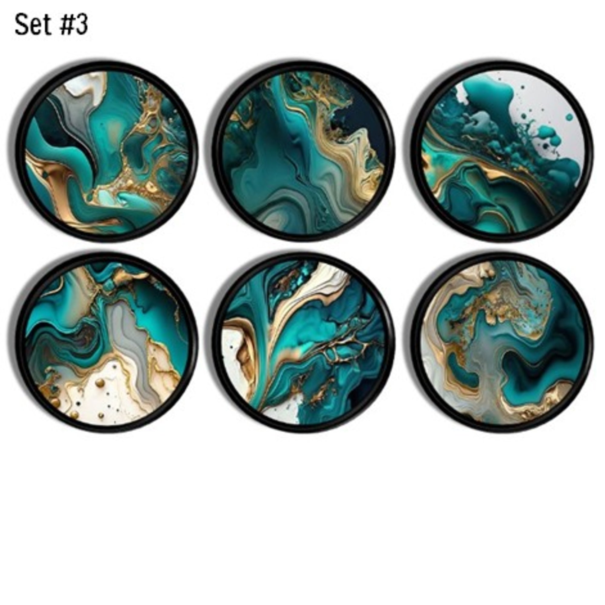 Black cabinet knobs and drawer pulls featuring abstract alcohol ink design in turquoise, gold, and white