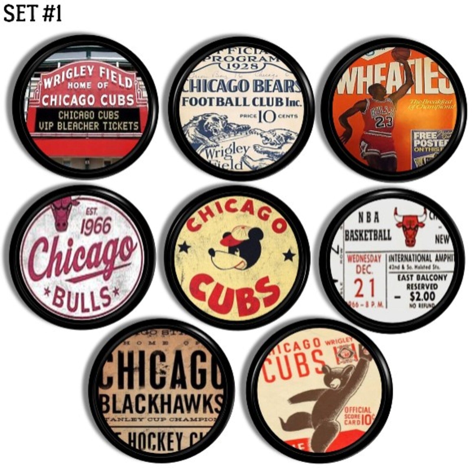 Black base cabinet knobs with retro Chicago sports history designs, featuring vintage Cubs, Bears, Bulls, and Blackhawks memorabilia artwork. Collector hardware set of 8 for man cave or bar décor.