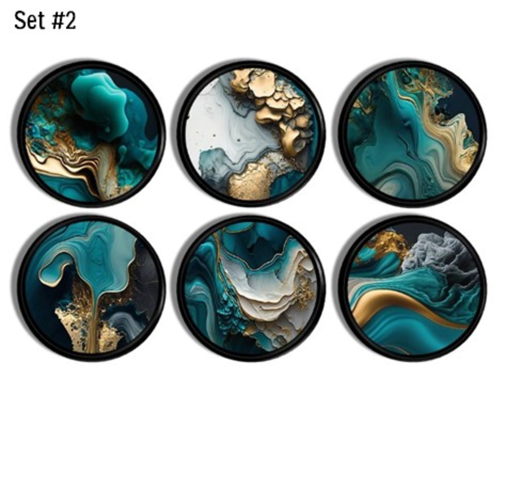 Set of 6 handmade black cabinet knobs with teal and gold alcohol ink swirl design