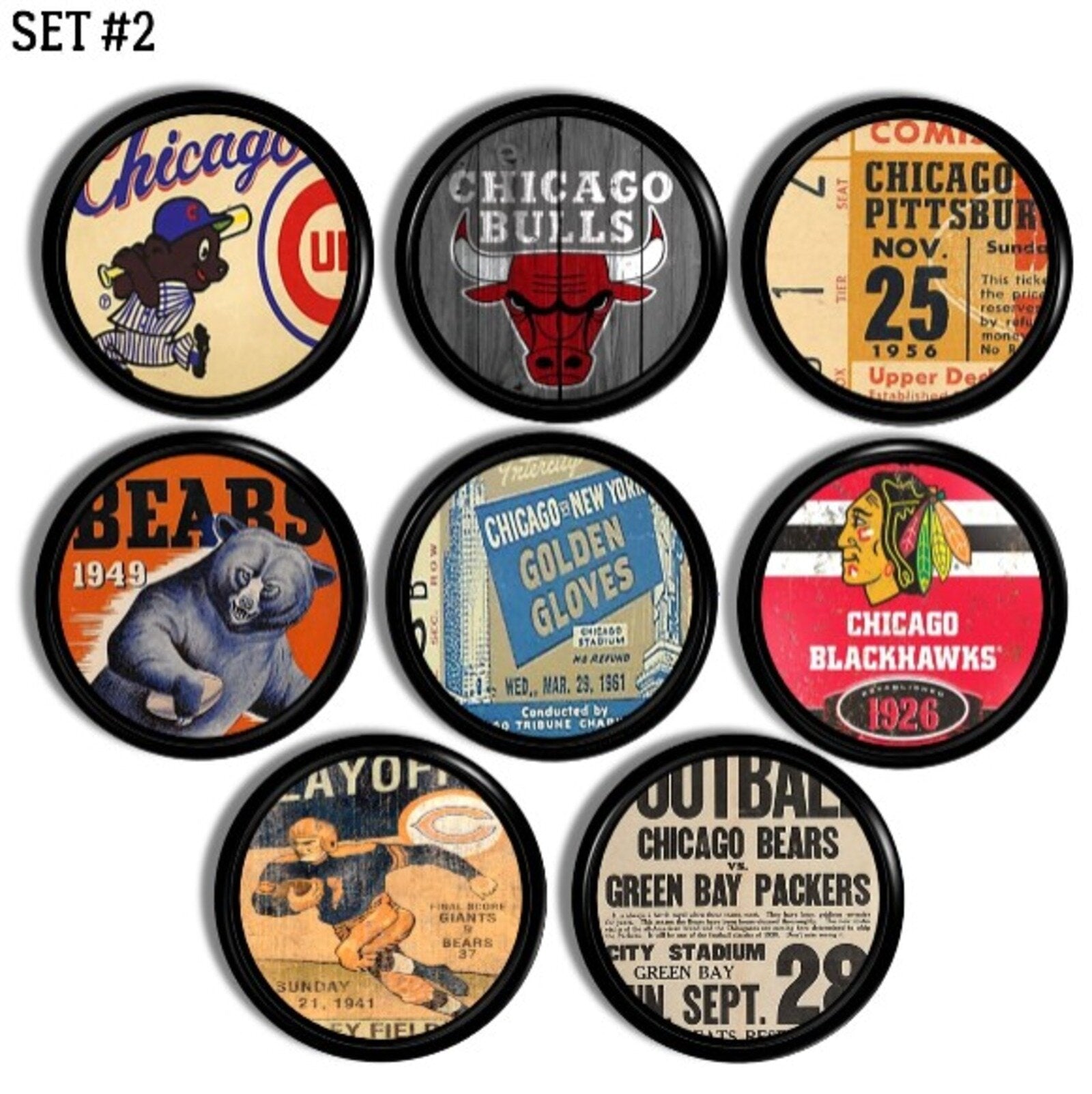 Black cabinet knobs with retro Chicago sports collectibles. Features historic ticket stubs, logos, and event graphics from Cubs, Bears, Bulls, Blackhawks, and Golden Gloves boxing. Man cave accent hardware set of 8.